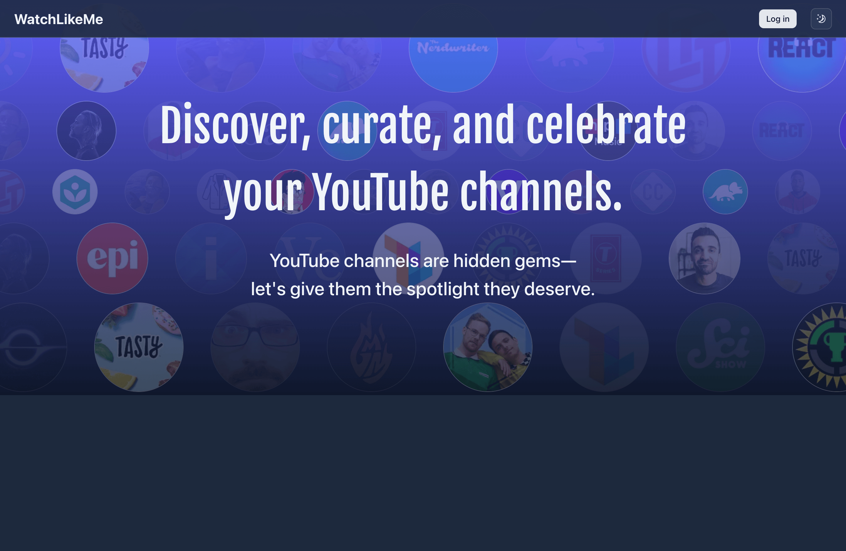 WatchLikeMe homepage hero — animated YouTube channel icons moving across a purple gradient background behind the tagline ‘Discover, curate, and celebrate your YouTube channels.’
