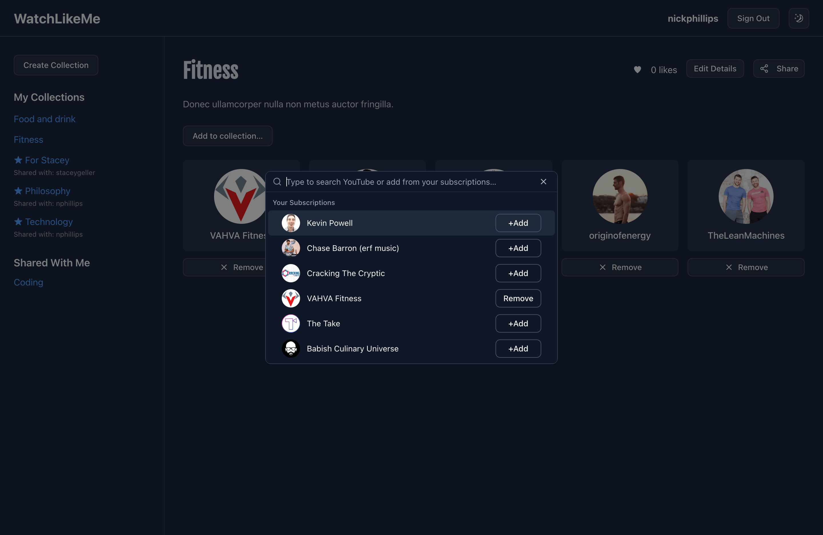 WatchLikeMe Fitness collection — add-to-collection modal open, showing YouTube channels such as Kevin Powell and VAHVA Fitness available to add or remove.
