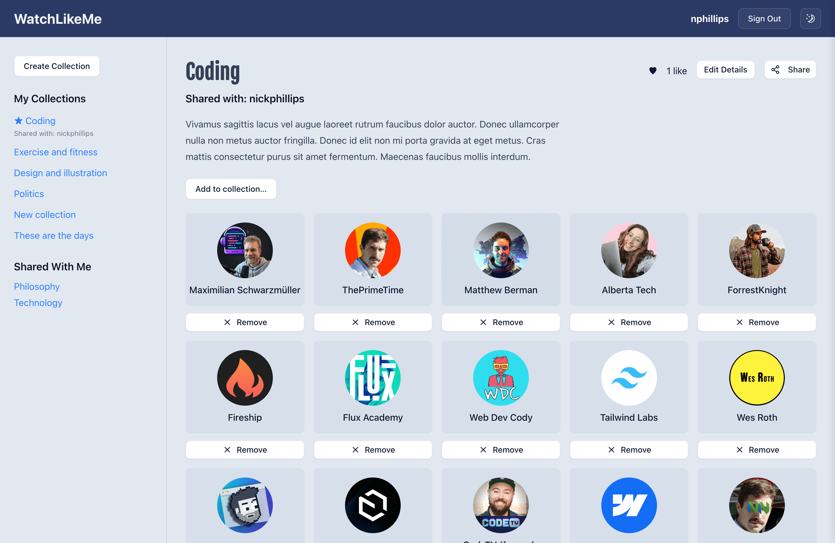 WatchLikeMe app — User A viewing their shared ‘Coding’ collection with one like. The screen shows a grid of YouTube channels such as Maximilian Schwarzmüller and Tailwind Labs.