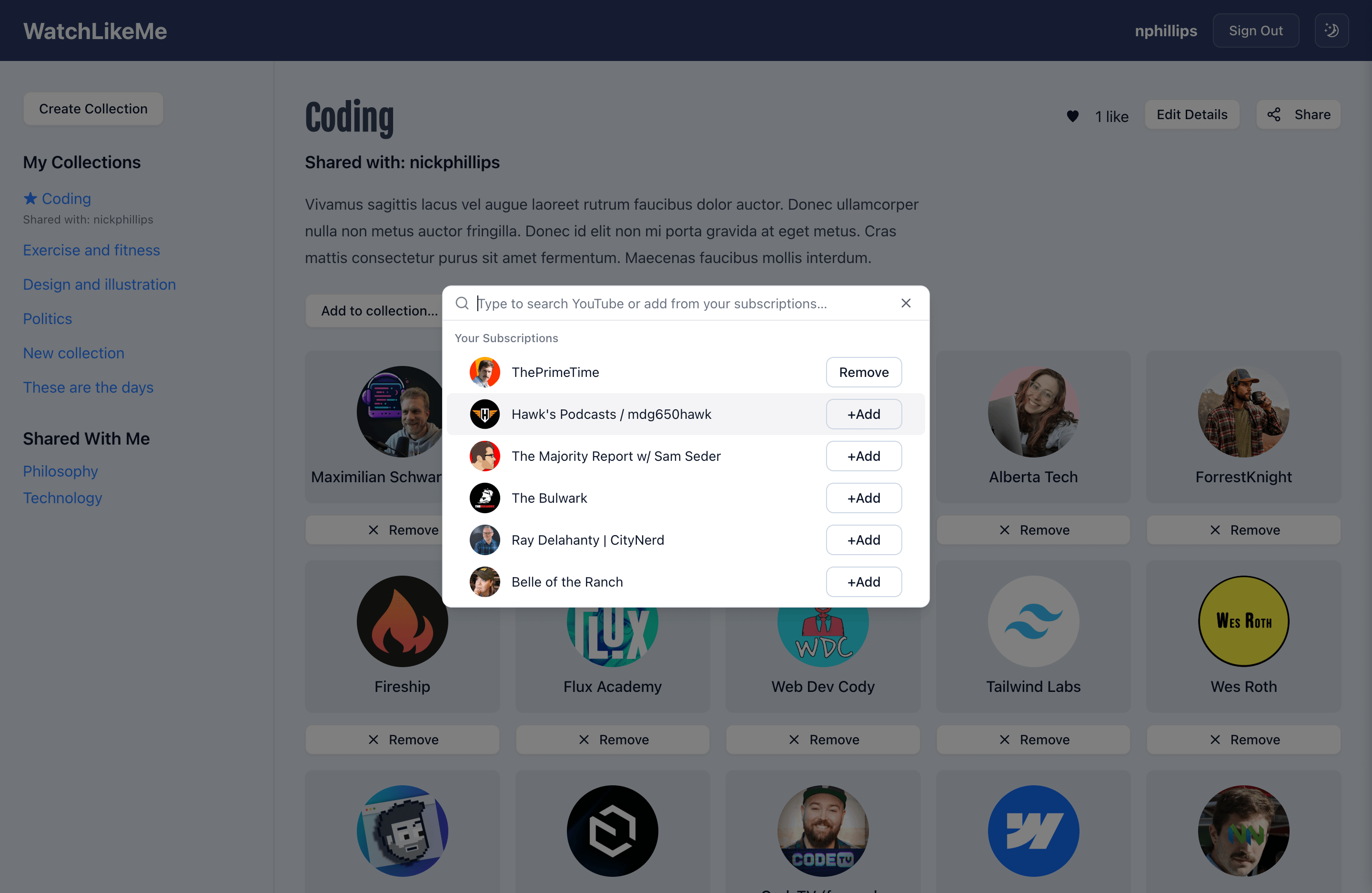 WatchLikeMe add-to-collection modal — User A selecting YouTube subscriptions to add to the Coding collection via YouTube API.