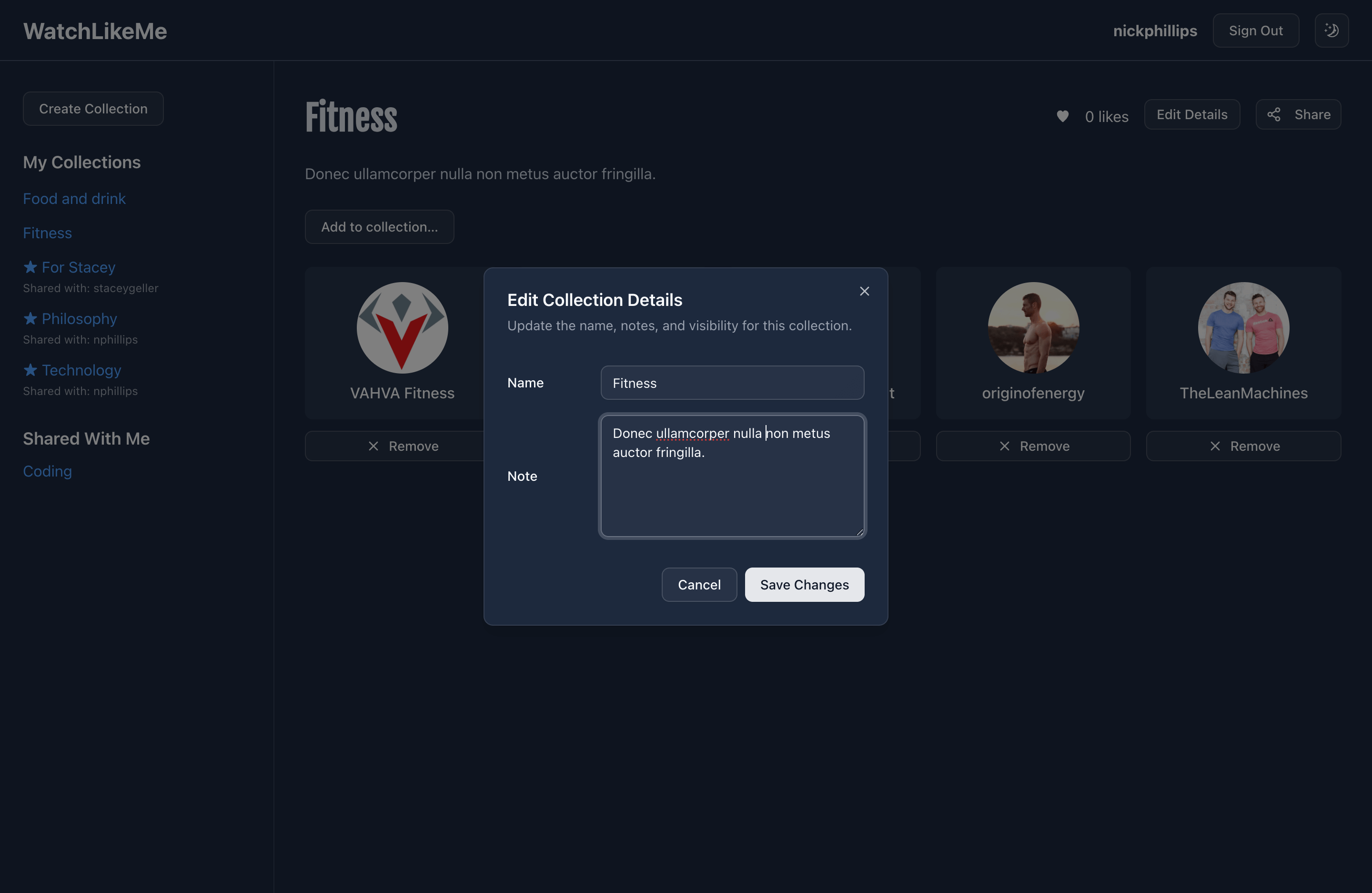 Edit Collection Details dialog in WatchLikeMe — User B editing the Fitness collection name and description.