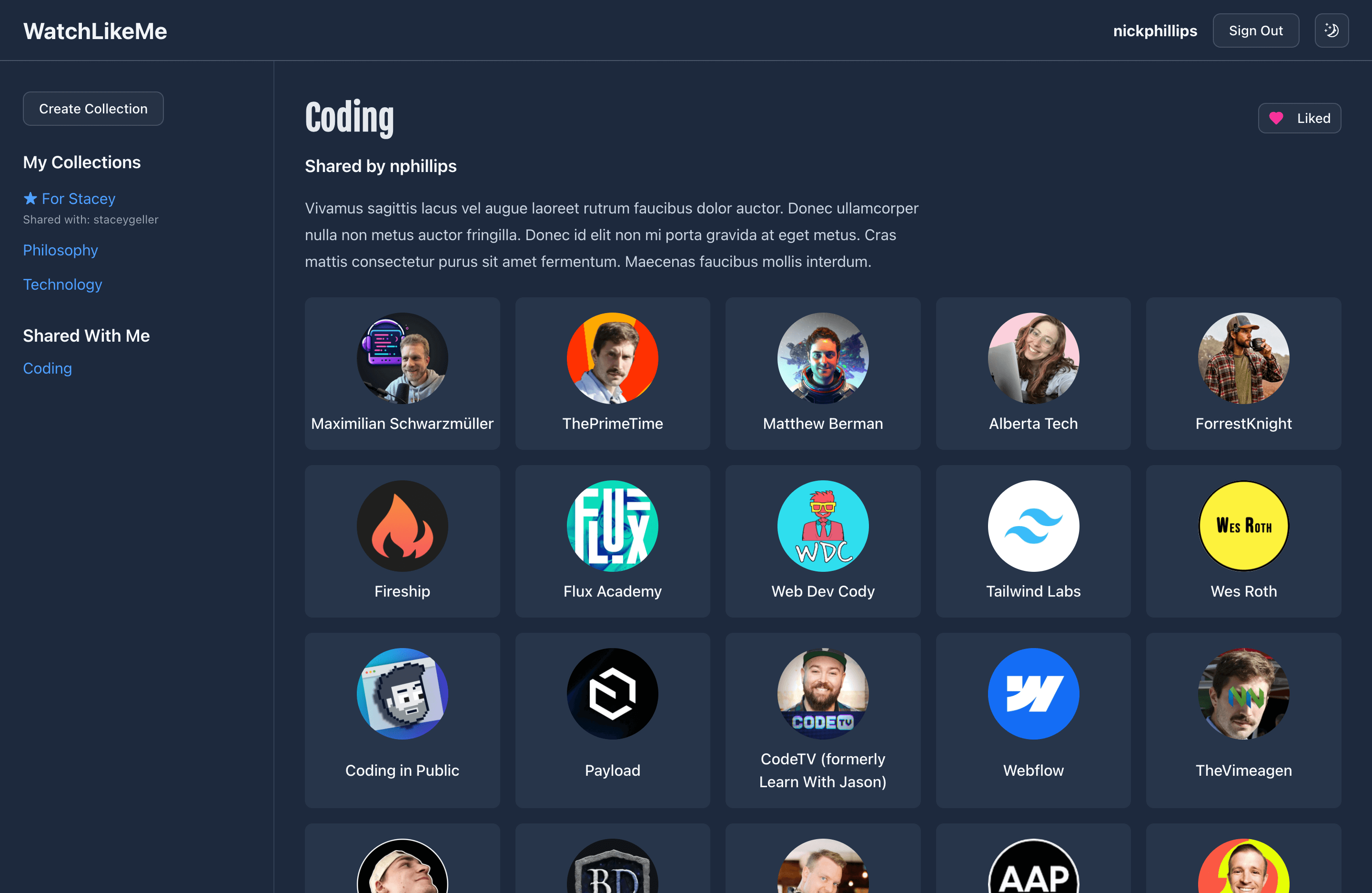 Dark-mode view of WatchLikeMe — User B viewing the shared Coding collection, showing the same YouTube creators grid with a ‘Liked’ heart icon.